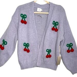 Luna Ivy Chunky Knit Cherry Detail Gray Cardigan Cherry Embroidery Size …